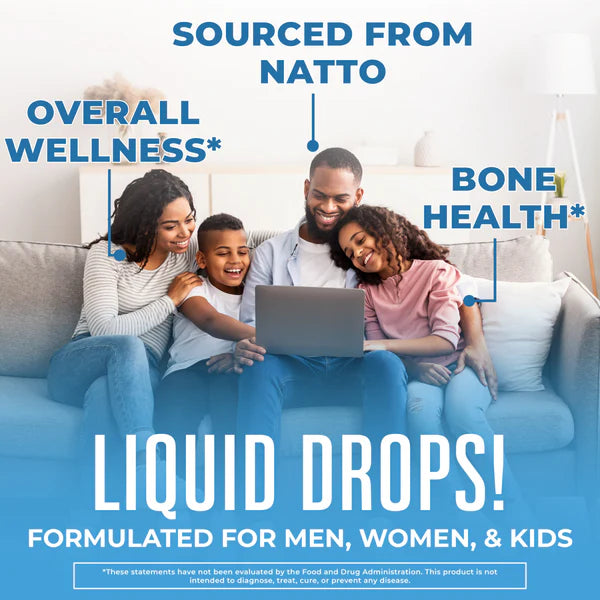 Family sitting on a couch using a laptop with text about liquid drops for health benefits.