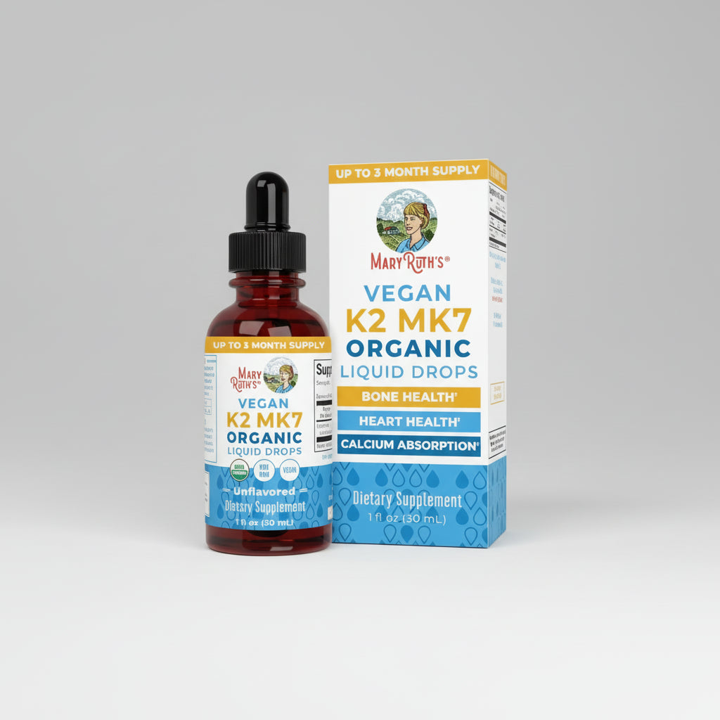 Mary Ruth's Vegan K2 MK7 Organic Liquid Drops bottle and packaging on a white background