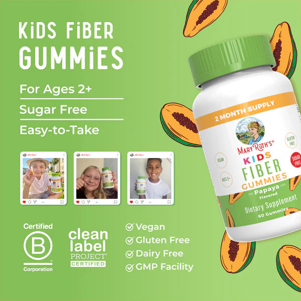 Bottle of Kids Fiber Gummies with papaya flavor on a green background, featuring images of children and certification logos.