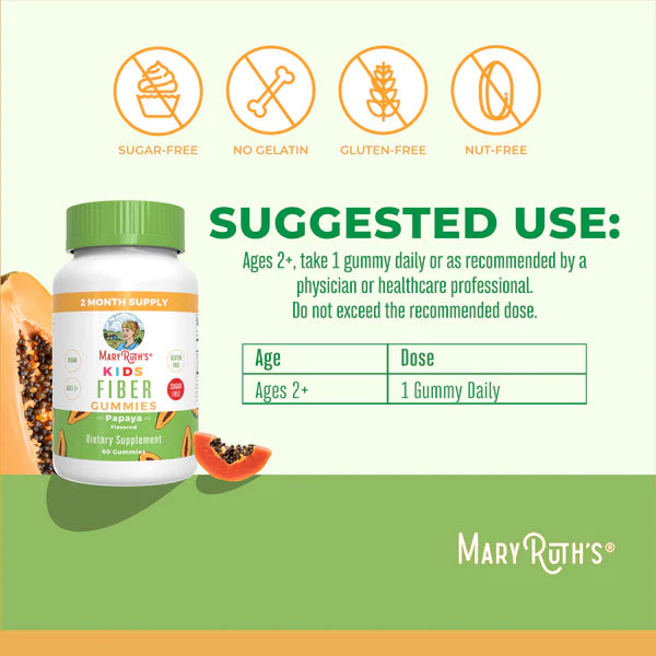 Mary Ruth's Kids Fiber Gummies packaging with suggested use and product details on a green and white background.