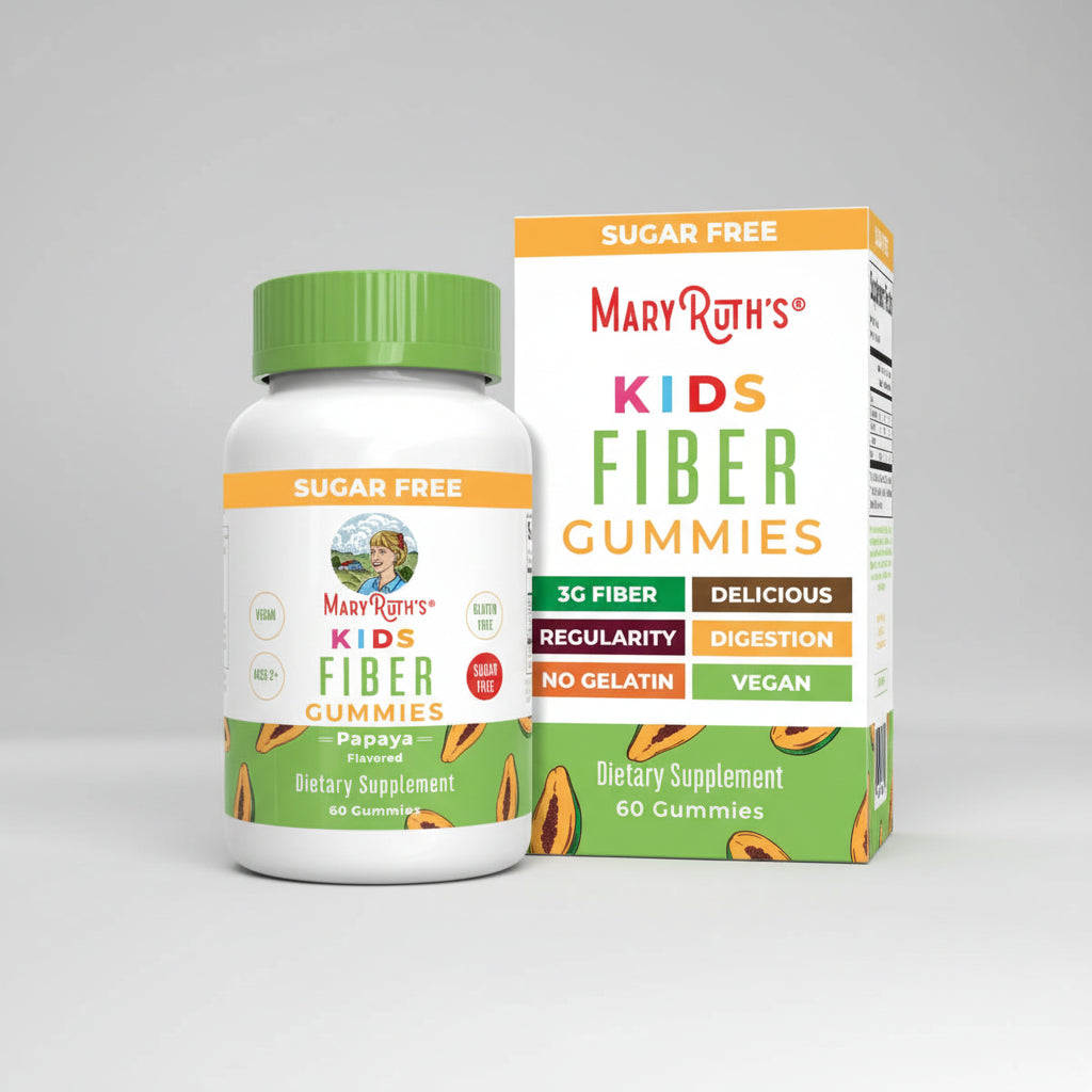 Mary Ruth's Kids Fiber Gummies packaging with bottle and box on a white background