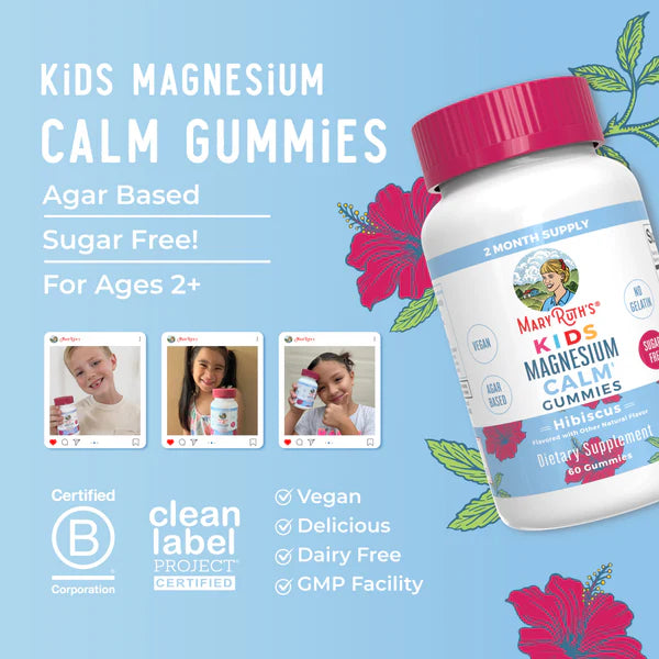 Mary Rovin's Kids Magnesium Calm Gummies container with images of children holding the gummies on a blue background.