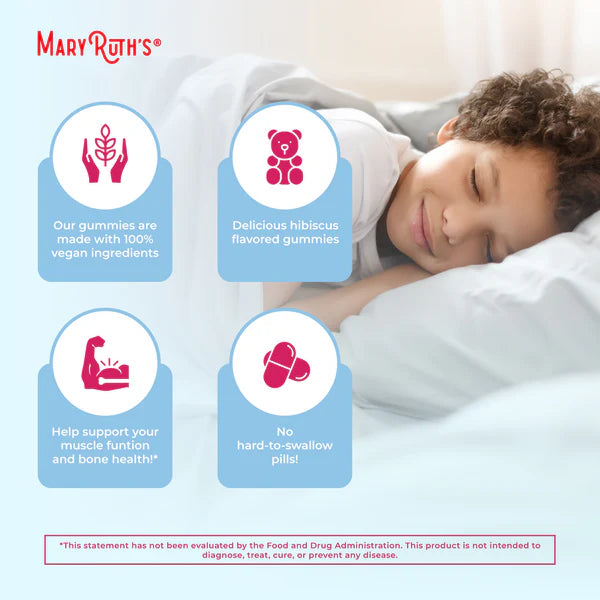 Child lying down with Mary Ruth's gummies advertisement featuring product benefits.