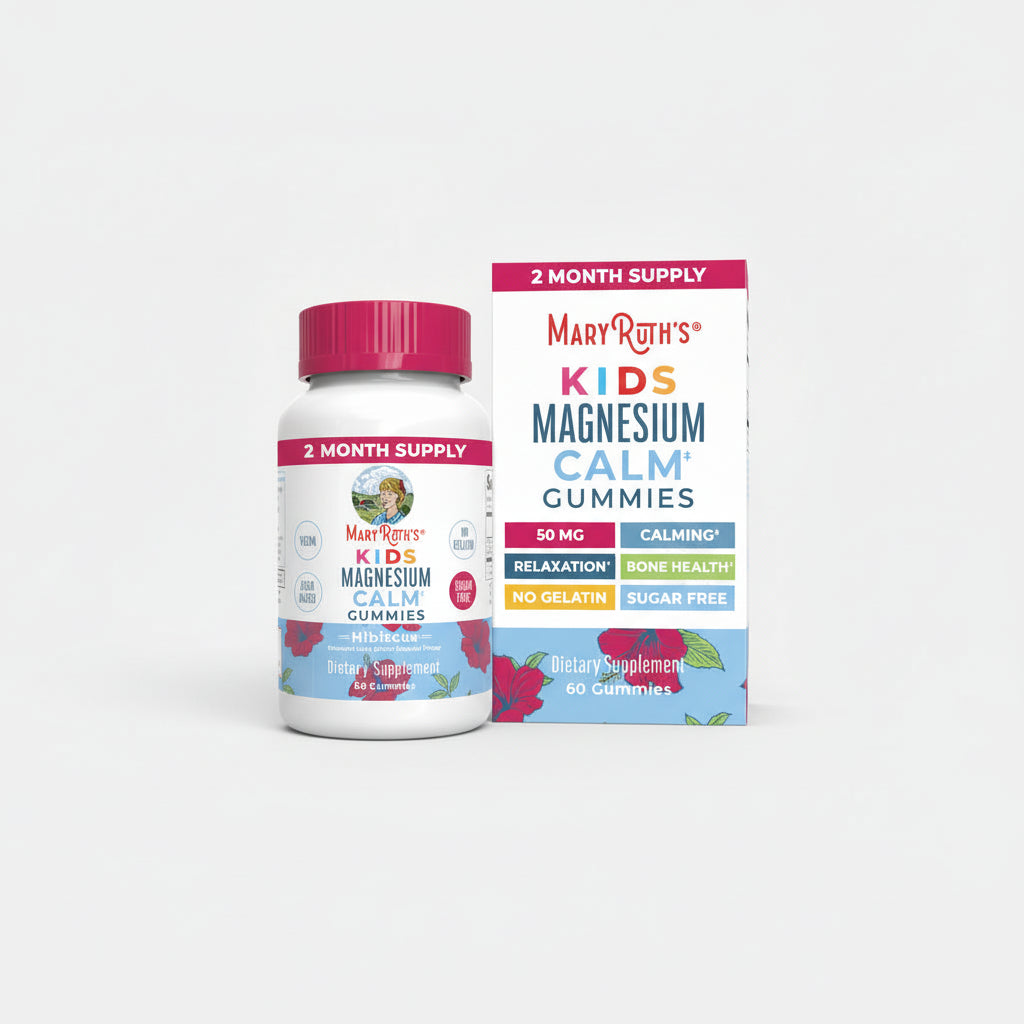 Mary Ruth's Kids Magnesium Calm Gummies bottle and packaging on a white background