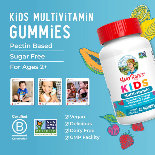 Mary Ruth's Kids Multivitamin Gummies container with images of children and product details on a blue background