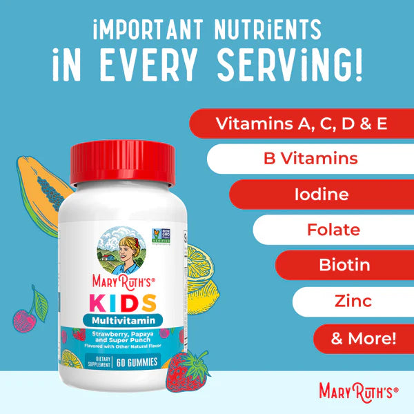 Mary Ruth's Kids Multivitamin gummy bottle with vitamins listed on a blue background