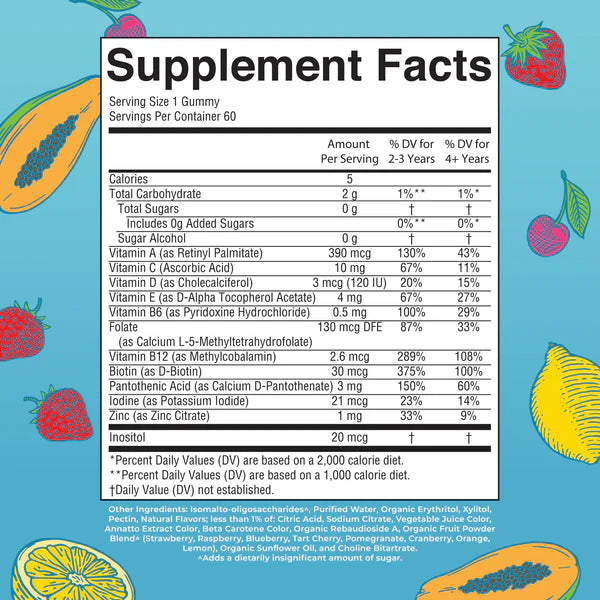 Supplement facts label with colorful fruit illustrations on a blue background