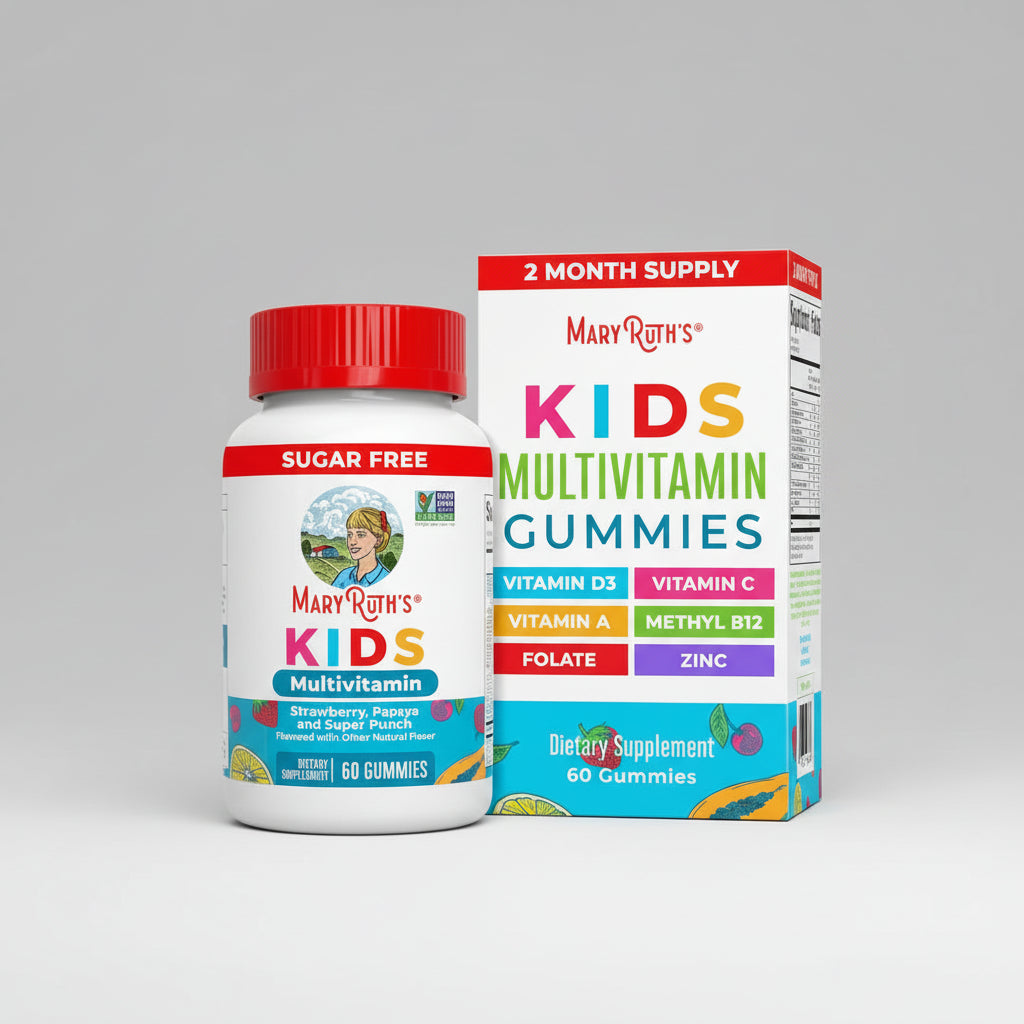 Mary Ruth's Kids Multivitamin Gummies bottle and packaging on a white background