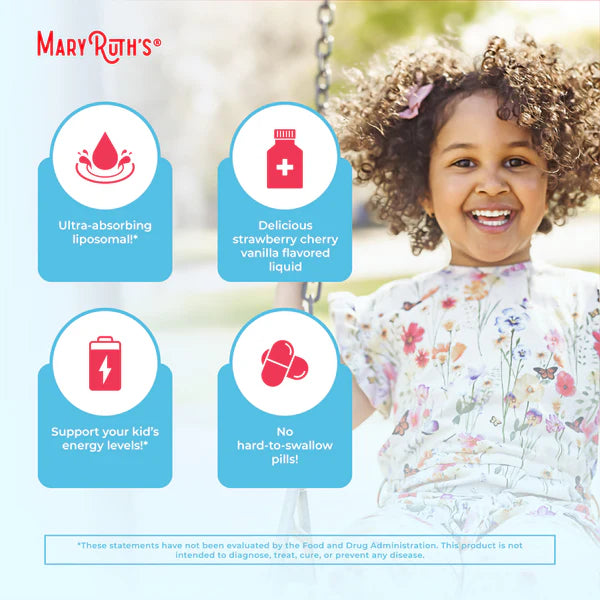 Advertisement for Mary Ruth's with a child on a swing, highlighting product features.