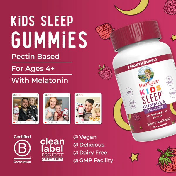 Bottle of Kids Sleep Gummies with promotional text and images on a pink background