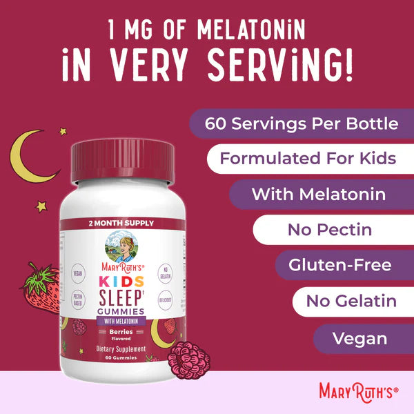 Mary Ruth's Kids Sleep Gummies bottle with product details on a red and purple background