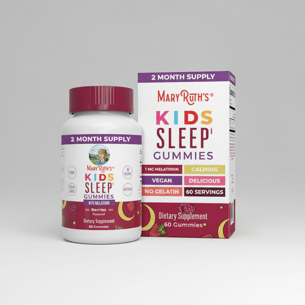 Mary Ruth's Kids Sleep Gummies bottle and packaging on a white background