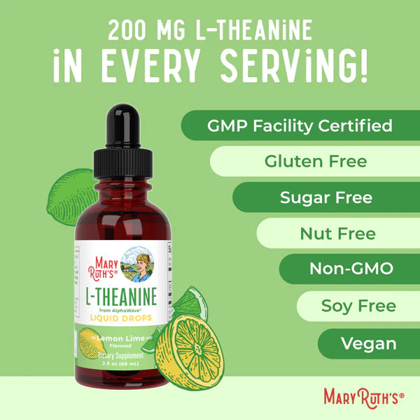 Mary Ruth's L-Theanine liquid drops with lemon lime flavor on a green background