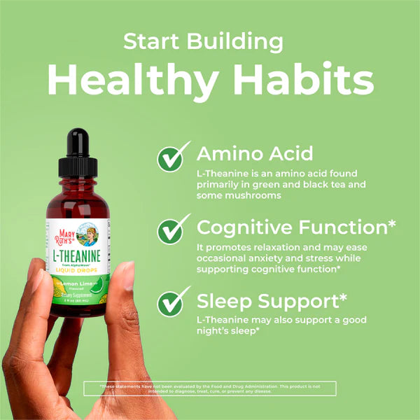 Bottle of L-Theanine supplement with text on a green background