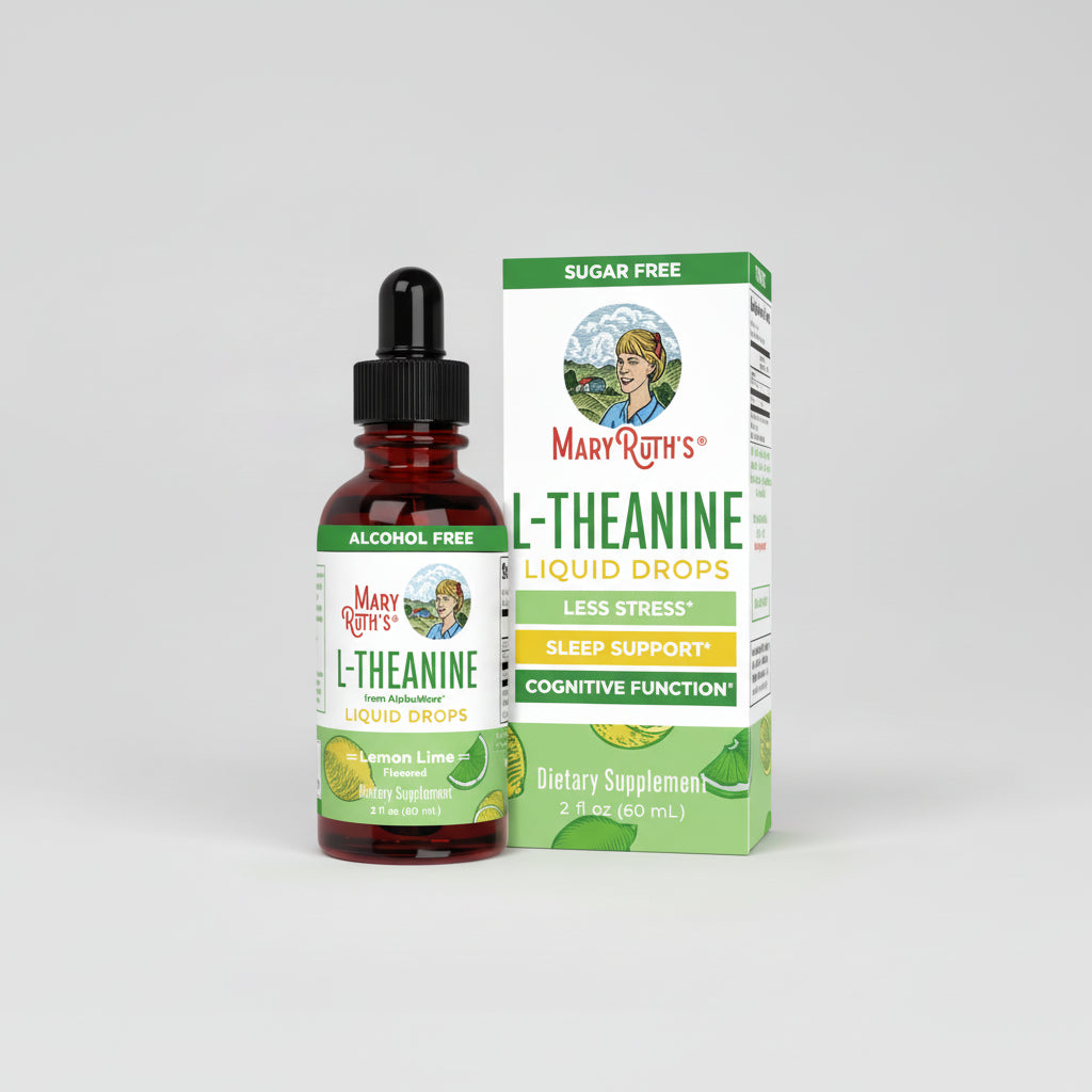 Mary Ruth's L-Theanine liquid drops with bottle and packaging on a white background