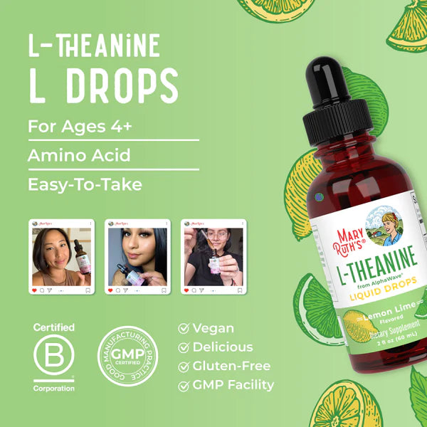 Bottle of Mary Rohn's L-Theanine Liquid Drops on a green background with lemon slices.