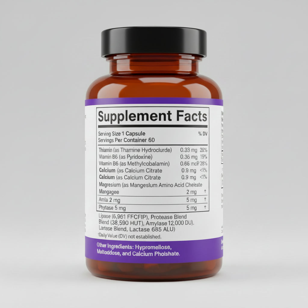 Supplement facts label with detailed nutritional information on a purple background