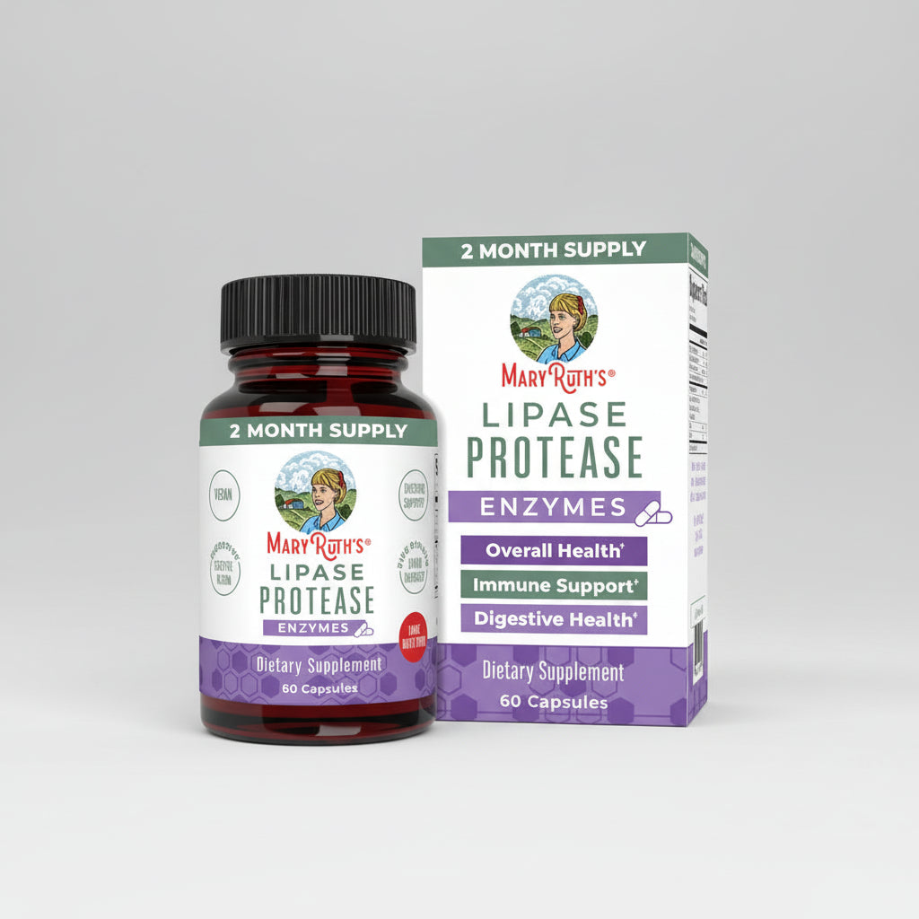 Mary Ruth's Lipase Protease Enzymes supplement bottle and packaging on a white background