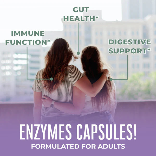 Two people sitting together with text highlighting benefits of enzymes capsules on a blurred cityscape background.