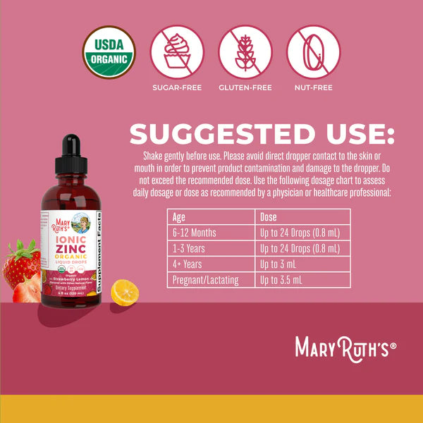 Mary Ruth's Ionic Zinc supplement bottle with dosage chart on a pink background