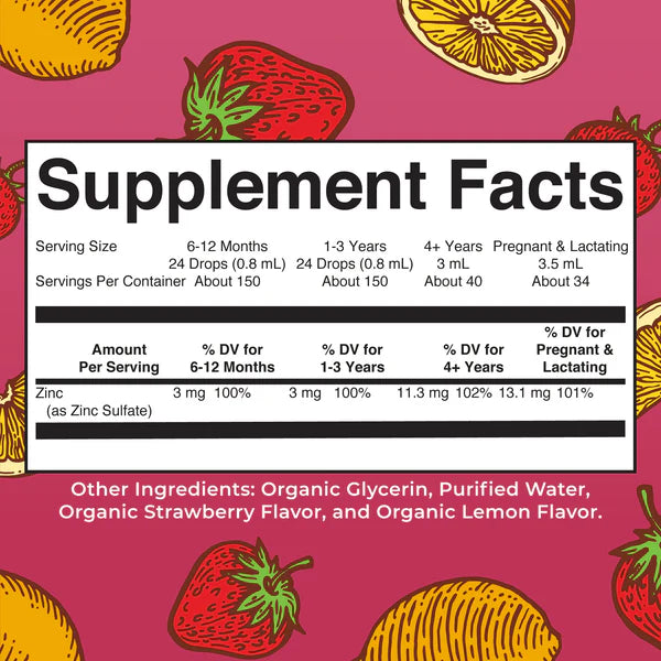 Supplement facts label with strawberry and lemon illustrations on a pink background
