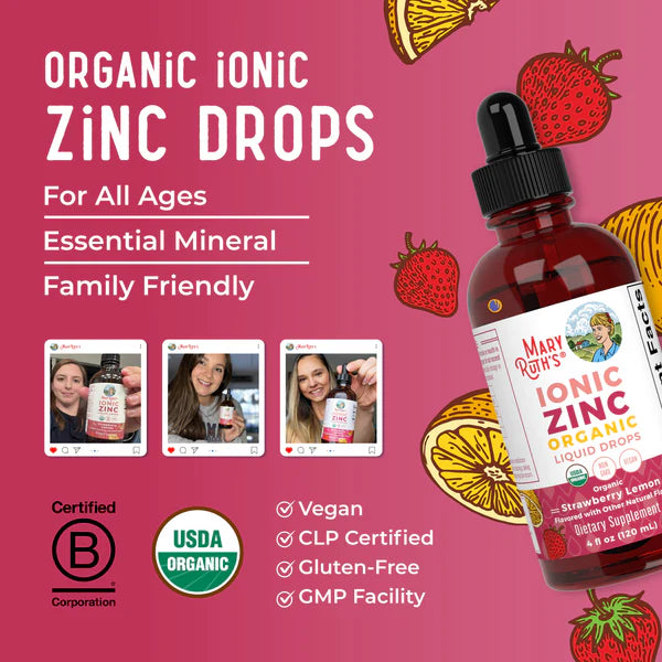 Mary Riche's Organic Ionic Zinc Drops bottle with strawberry and lemon graphics on a pink background