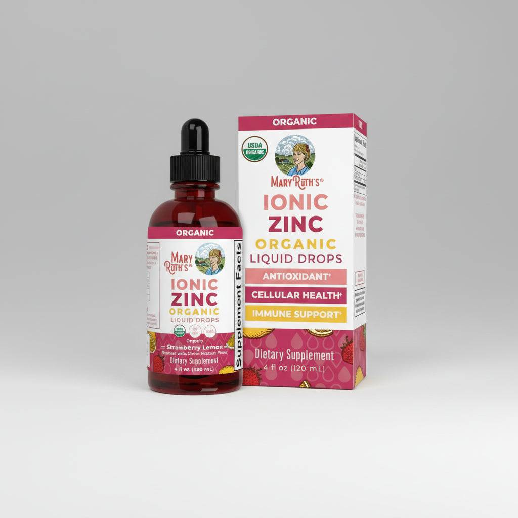 Mary Ruth's Organic Ionic Zinc Liquid Drops bottle and packaging on a white background