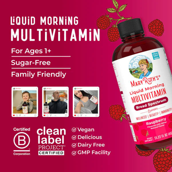 Mary Ruth's Liquid Morning Multivitamin bottle with raspberry flavor on a pink background, featuring product details and certifications.