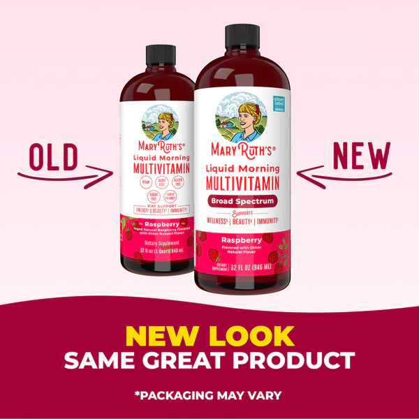 Two bottles of Mary ROTH'S Liquid Morning Multivitamin with text indicating a new look and same great product.