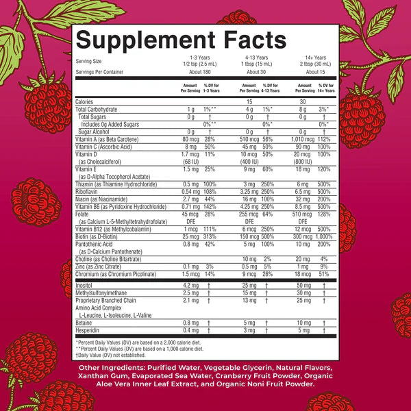 Supplement facts label with raspberry design on a pink background