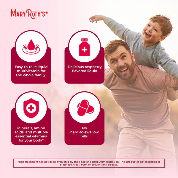 Advertisement for Mary Ruth's liquid multivitamin with a man and child, highlighting its benefits.