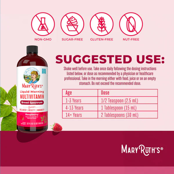 Mary Ruth's Liquid Morning Multivitamin bottle with usage instructions on a pink background