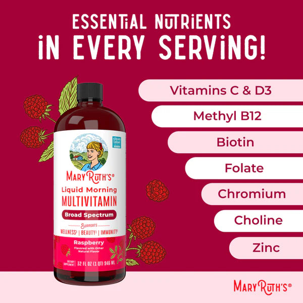 Mary Ruth's Liquid Morning Multivitamin bottle with essential nutrients listed on a red background