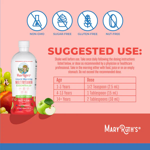 Mary Ruth's liquid multivitamin bottle with usage instructions on a pink and blue background