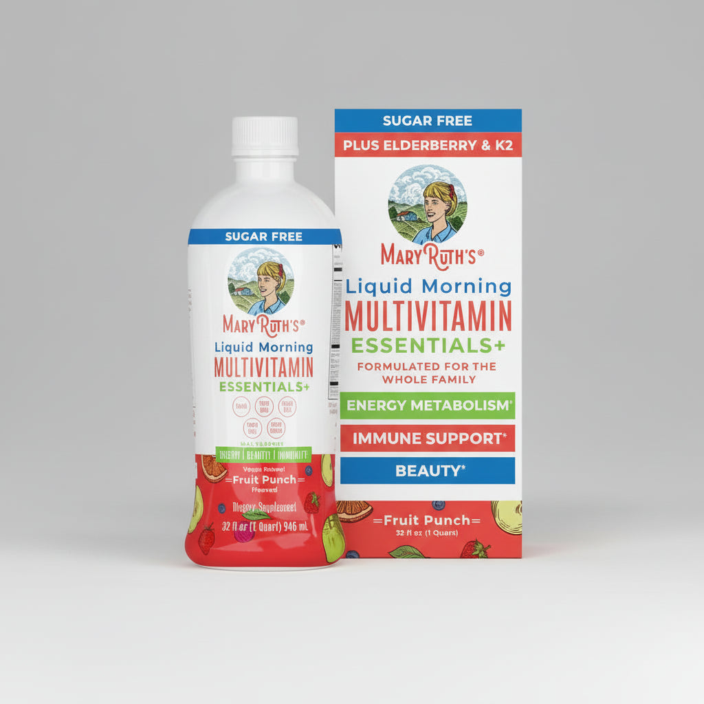 Mary Ruth's Liquid Morning Multivitamin Essentials bottle and packaging on a white background