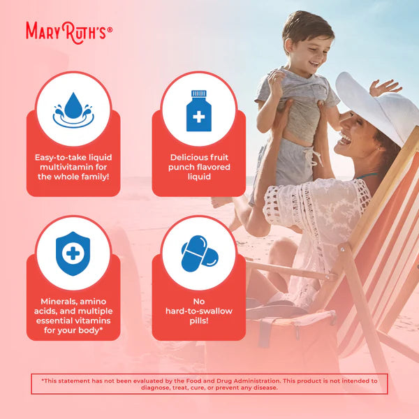 Advertisement for Mary Ruth's liquid multivitamin with a woman and child on a beach.