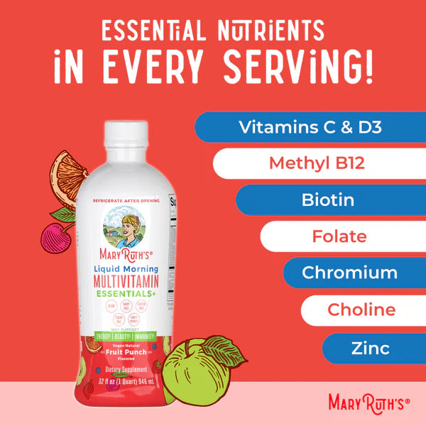 Mary Ruth's Liquid Morning Multivitamin bottle with nutritional information on a red background