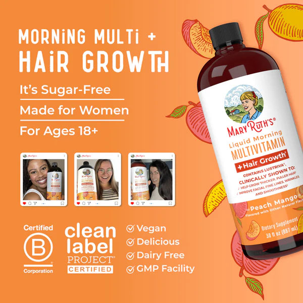 Mary Ruth's Liquid Morning Multivitamin + Hair Growth supplement bottle on an orange background with product images and certifications.