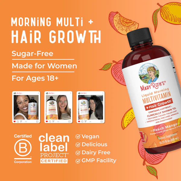 MaryRuth's Liquid Morning Multivitamin + Hair Growth supplement bottle on an orange background with product images and certification logos.