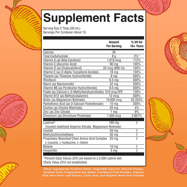 Supplement facts label with colorful illustrations of fruits on an orange background