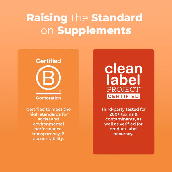Two certification logos on an orange background with text about standards for supplements.