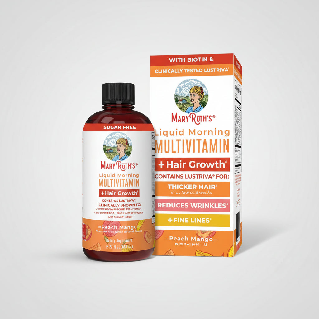 Mary Ruth's Liquid Morning Multivitamin and Hair Growth supplement bottle and packaging on a white background
