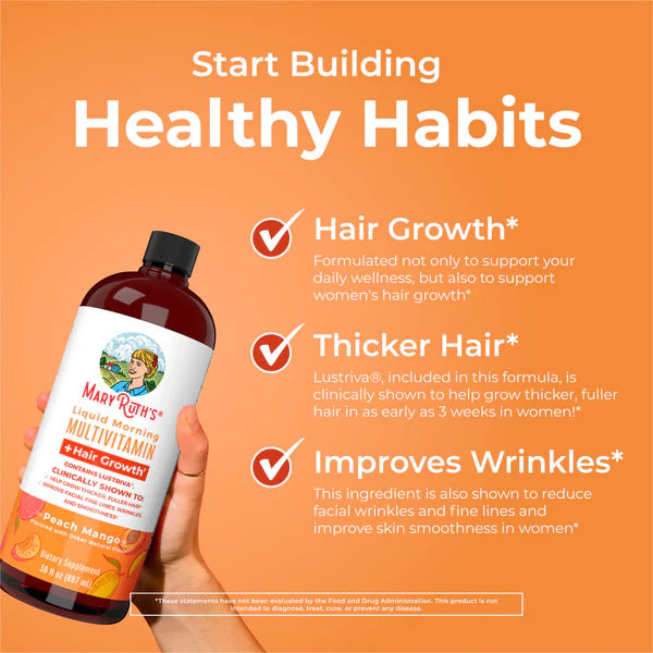 Mary Ruth's liquid multivitamin bottle with text on an orange background