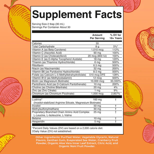 Supplement facts label on an orange background with illustrations of fruits.