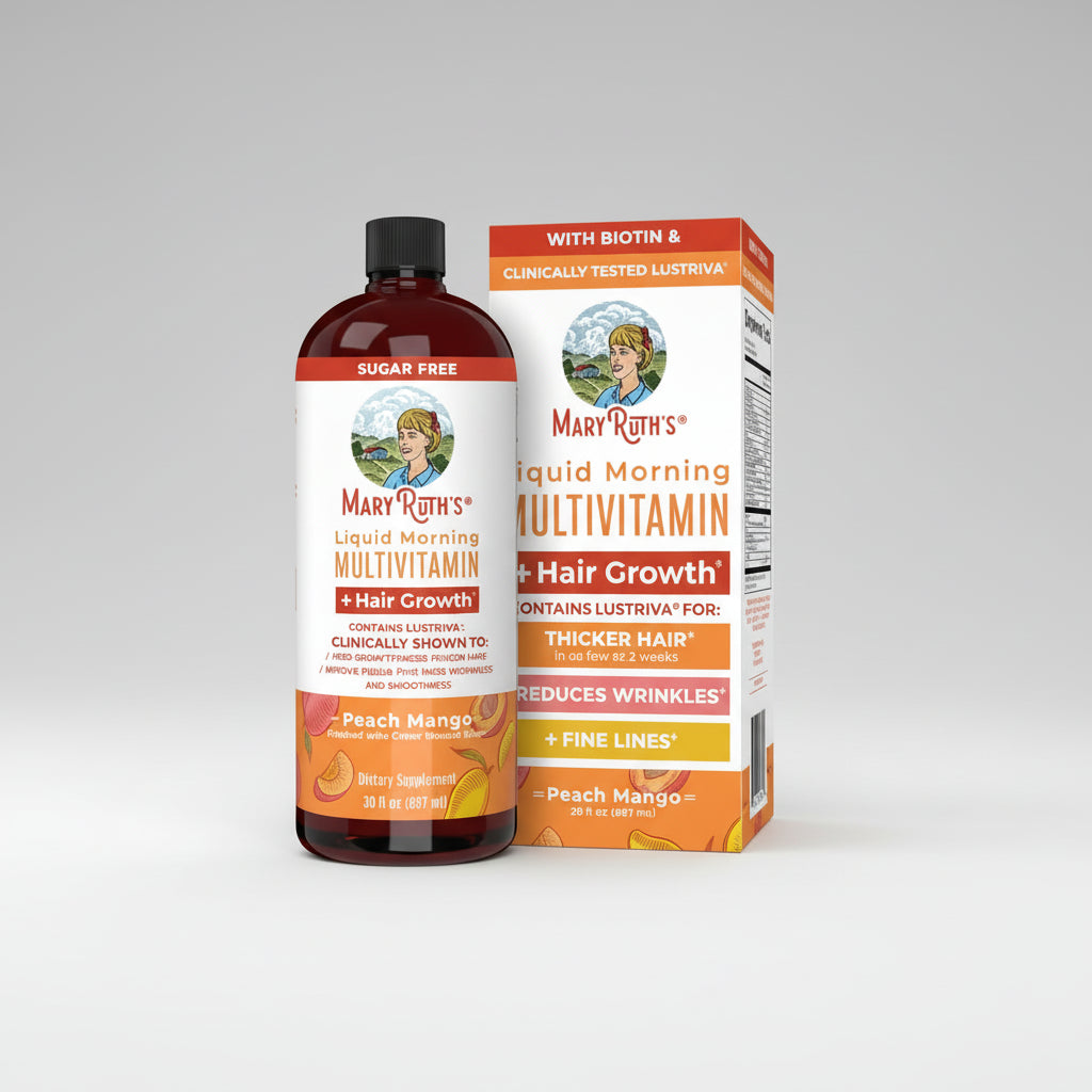 Mary Ruth's Liquid Morning Multivitamin + Hair Growth bottle and packaging on a white background