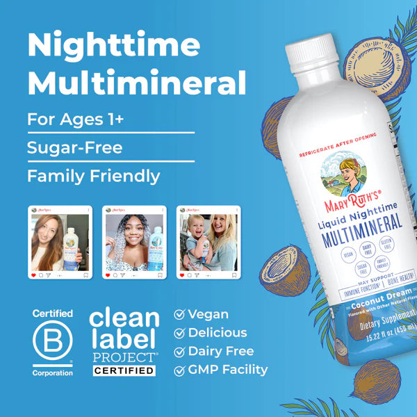 Mary Ruth's Liquid Nighttime Multimineral supplement bottle on a blue background with product features listed.