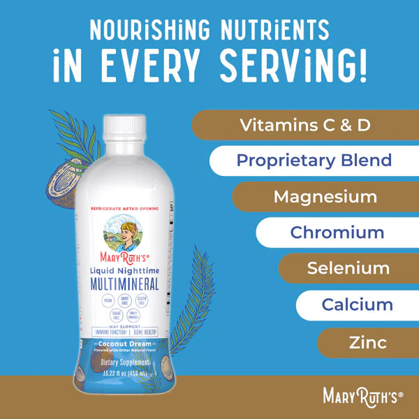 Mary Ruth's Liquid Nighttime Multimineral supplement bottle with nutrient list on a blue background