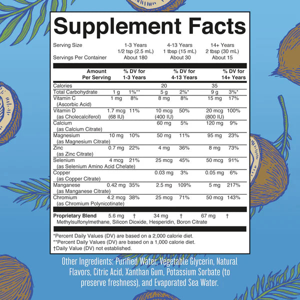 Supplement facts label on a blue background with natural elements