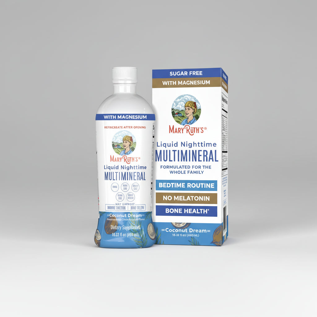 Mary Ruth's Liquid Nighttime Multimineral bottle and packaging on a white background