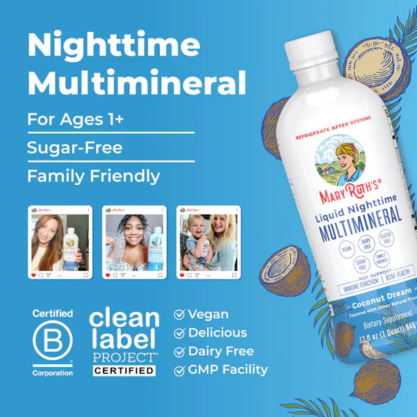 Mary Ruth's Liquid Nighttime Multimineral supplement bottle on a blue background with product features listed.
